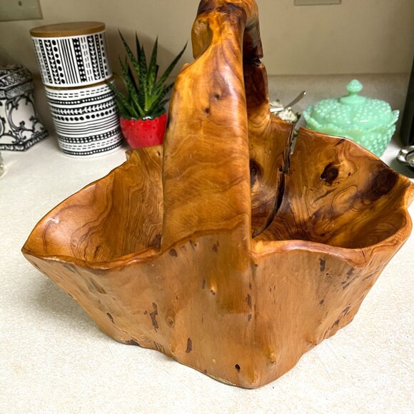 Vintage Hand Carved Wood Basket Tree Bowl Brown with Handle Handmade Rustic Farm - Picture 8 of 12